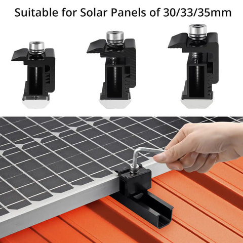 No Sweat Solar Panel Roof Mounting Kit With Six Heavy Duty Four Point Seven Two Inch Rails And Flexible Adjustable End Clamps for 30/33/35mm panels.