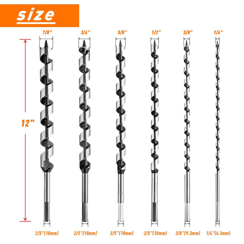 Front view: NICAVKIT 6-piece, 12-inch auger drill bit set with hex shanks (1/4–7/8 in) for wood, plastic, drywall