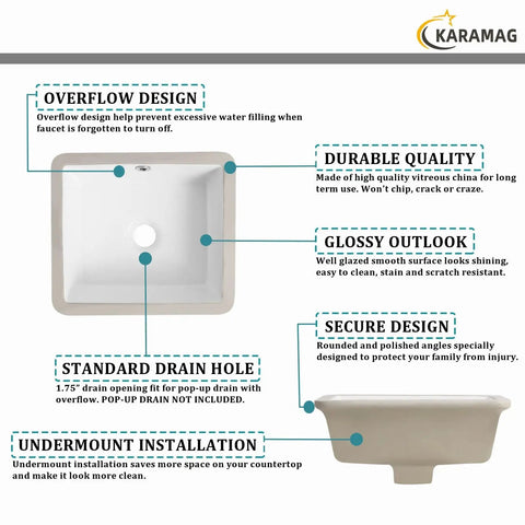 Overflow and durable design features of 20 Inch Narrow Undermount Bathroom Sink For Small Vanities White Ceramic Rectangular Under Counter Basin With Overflow No Faucet Holes Ultra Slim Profile For Tight Countertops Ideal For Compact Bathrooms And Vanity Sinks 19.88 By 12.40