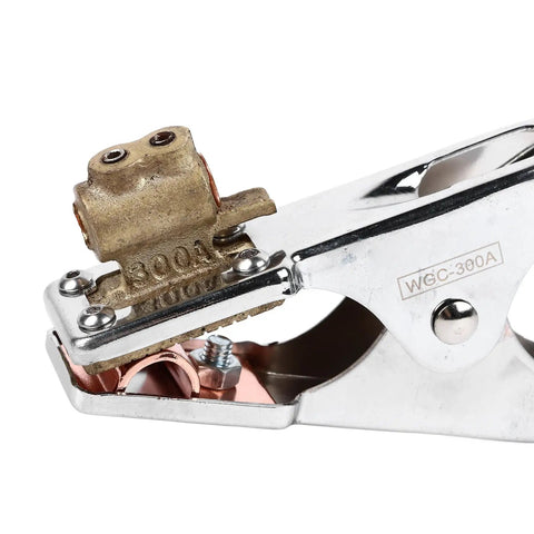 Heavy Duty 300A Grounding Work Clamp For Electric Welding And Soldering Repair, close-up view of clamp mechanism and connectors.