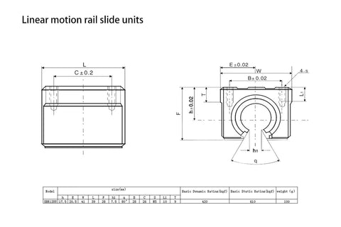 Technical drawing of Heavy Duty Linear Rail Kit With Two 1000mm Rails And Four SBR12UU Slider Blocks for CNC routers and 3D printers
