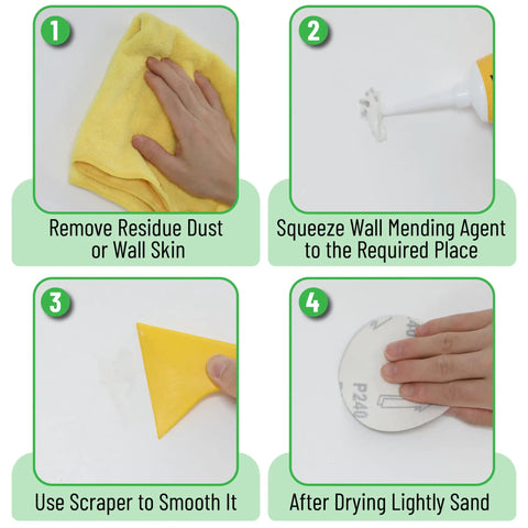 Steps showing use of Drywall Repair Kit With Two Tubes Of Spackle 120G Each, Two Scrapers And Two Sanding Pads, All In One Patch Set.