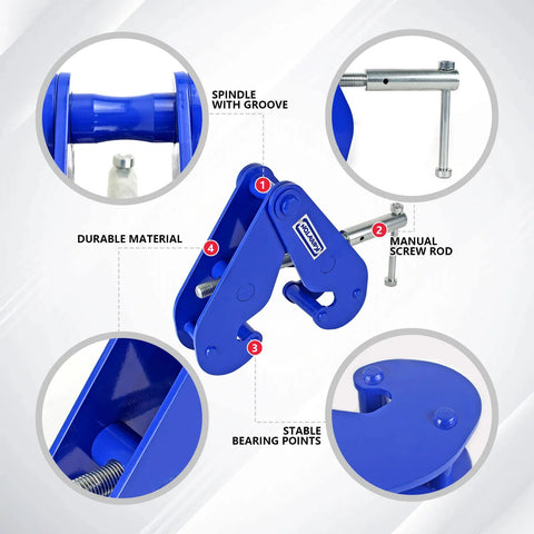Blue KARRYTON 2-ton beam clamp for I-beam flanges 3–9 in; heavy-duty lifting with hoist