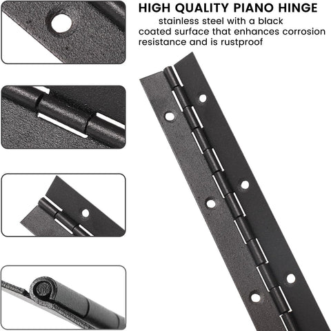 Yeecheng 2-pack black 6-inch piano hinges, 2-inch open width, stainless steel with pre-drilled holes and screws.