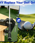 All In One Golf Club Regripping Kit With Vise Clamp Rubber Shaft Clamp Hook Blade Grip Solvent And Repair Tools For DIY Club Repair Complete At Home Grip Replacement Tool Set For Quick And Easy Grip Swap, club in vise and on grass