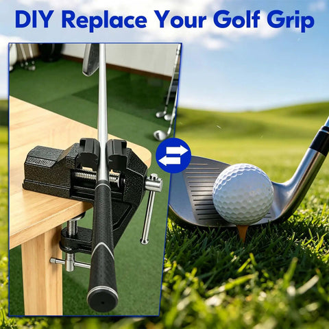 All In One Golf Club Regripping Kit With Vise Clamp Rubber Shaft Clamp Hook Blade Grip Solvent And Repair Tools For DIY Club Repair Complete At Home Grip Replacement Tool Set For Quick And Easy Grip Swap, club in vise and on grass