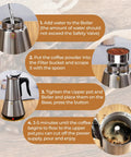 Electric Aluminum Moka Pot For 5 To 6 Cup Espresso Maker With Detachable Base brewing process illustrated