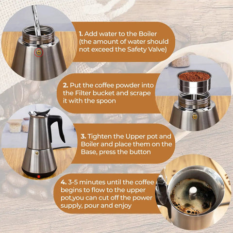 Electric Aluminum Moka Pot For 5 To 6 Cup Espresso Maker With Detachable Base brewing process illustrated
