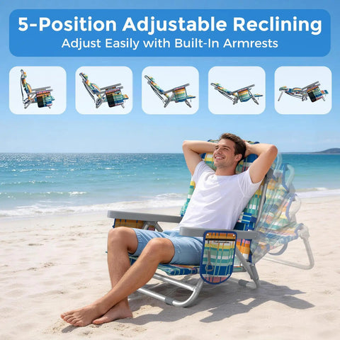 Man reclining on All Day Comfort 5 Position Backpack Beach Chair With Lumbar Support And Ergonomic Backrest at the beach