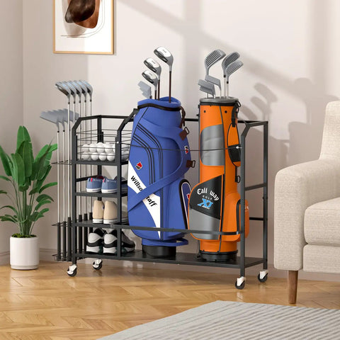 Ultra Big Capacity Golf Bag Storage Organizer For Home Garage Or Clubhouse with two golf bags and clubs on hardwood floor.