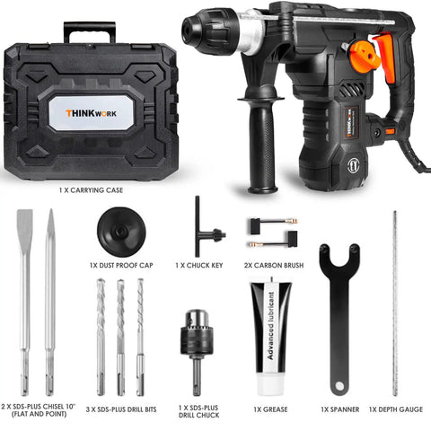 Heavy Duty 1 1/4 Inch SDS Plus Rotary Hammer Drill With 13 Amp Motor Four Function Demolition Hammer Kit with Accessories