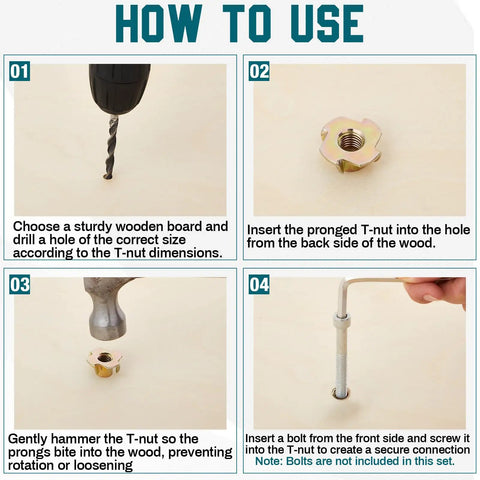 How to use Three Eighths Inch T Nuts Sixteen Thread Four Pronged Tee Nuts Zinc Plated Steel Corrosion Resistant Seven Sixteenths Inch Barrel Length Iridescent Zinc Finish Beefy 300 Pack For Rock Climbing Holds Wood And Cabinetry with step-by-step guide on wood installation.