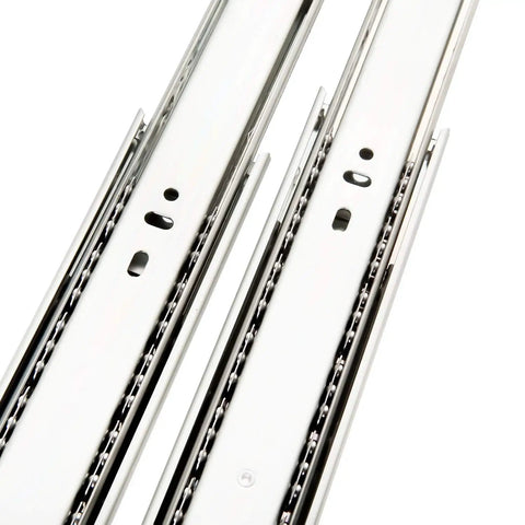 Close-up of 16 Inch Full Extension Side Mount Ball Bearing Drawer Slides, zinc plated steel, for cabinets and drawers, shown in detail