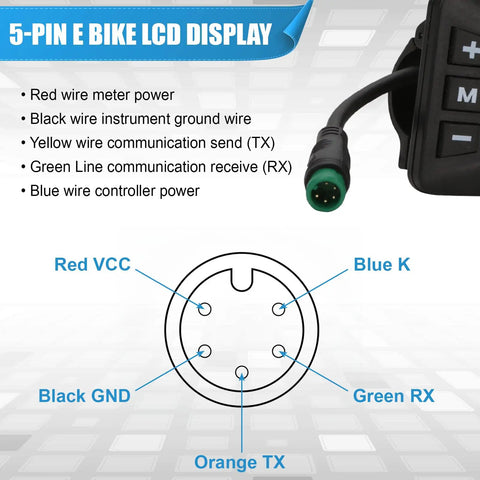 Five Pin LCD Color Display Controller For Electric Bikes And Scooters, Plug And Play Setup, Compatible With 24V 36V 48V Systems, Wireless Speedometer And Odometer Monitor, Waterproof Connector, Easy Install E Bike Control Panel
