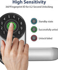 Smart Fingerprint Door Lock With Keyless Entry, WiFi And Bluetooth, Reversible Handle, touchscreen in use, digital silver finish
