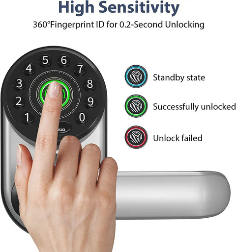 Smart Fingerprint Door Lock With Keyless Entry, WiFi And Bluetooth, Reversible Handle, touchscreen in use, digital silver finish