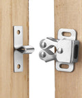 4 Pack Double Roller Cabinet Door Latch Set With Screws And Hardware For Closet Cabinets Kitchen RV Drawers Catches Keeps Doors Shut Tough As Nails Steel Easy Install showing latch attached to wooden door