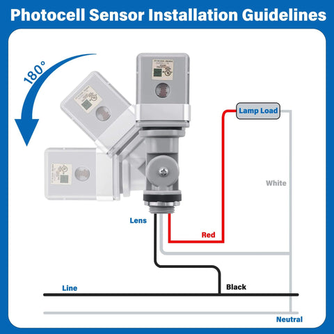 Installation diagram for Two Pack Photocell Sensor For Outdoor Lighting, 120V AC, 50/60 Hz, IP54 Waterproof, showing wiring connections