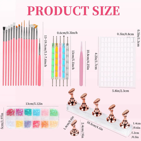 25 Piece Nail Art Tools Set With Brushes Stand Dotting Tools Striping Pens Jelly Glue Tweezers Sequins Gel Polish Glitter And More