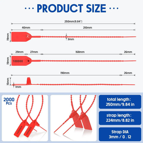 Diagram of 2000 Pack Plastic Tamper Seals Security Tags With Numbered Zip Ties For Fire Extinguishers, showing size details.