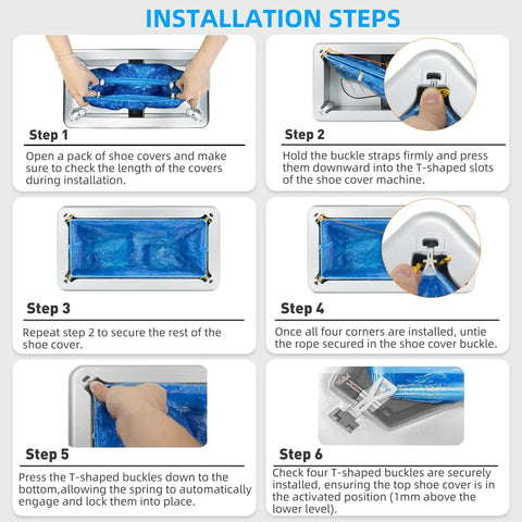 Installation steps for Automatic Shoe Cover Dispenser With 200 Disposable Non Slip Covers Hands Free Pedal Operated No Bending No Electricity Needed Fits Up To Size 11 US Men Keeps Floors Clean At Home Office Factory Supermarket Silver