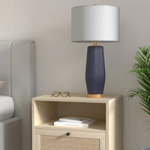 Navy Blue Modern Ceramic Table Lamp 28.5 Inches Tall For Living Room And Bedroom Fluted Bedside Nightstand Light With White Linen Shade And Gold Base LED Bulb Included For A Lit Vibe UL Listed on wooden nightstand