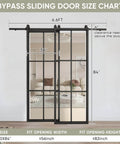 Bypass Double Glass Barn Door Set With 6.6Foot Side Mounted Hardware Kit Two 30x84 Inches Clear Tempered Glass Panels In Aluminum Frame 60x84 Inches Overall Fits Maximum Opening 55 And 3 Eighths Inches No Fuss Assembly Smooth Sliding For Modern Farmhouse size chart and installation guide