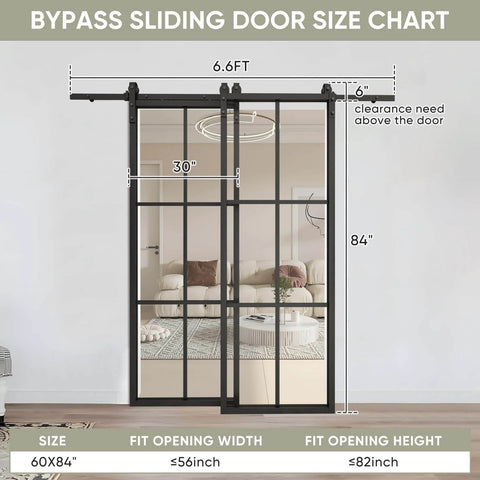 Bypass Double Glass Barn Door Set With 6.6Foot Side Mounted Hardware Kit Two 30x84 Inches Clear Tempered Glass Panels In Aluminum Frame 60x84 Inches Overall Fits Maximum Opening 55 And 3 Eighths Inches No Fuss Assembly Smooth Sliding For Modern Farmhouse size chart and installation guide