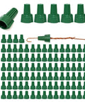 Winged Ground Wire Connector Nuts Pack Of 100, UL 467 And CSA Listed, spring loaded, flame retardant, green connectors displayed.