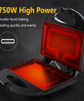 Aigostar Flat Sandwich Maker With Nonstick Deep Grill Surface, Black open showcasing 750W high power heating for even cooking.