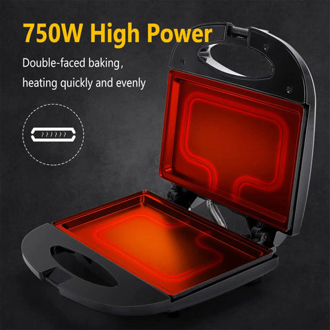 Aigostar Flat Sandwich Maker With Nonstick Deep Grill Surface, Black open showcasing 750W high power heating for even cooking.