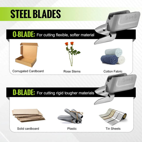 Steel blades for WORKPRO Cordless Electric Scissors: O-blade for soft materials, D-blade for tough substrates.