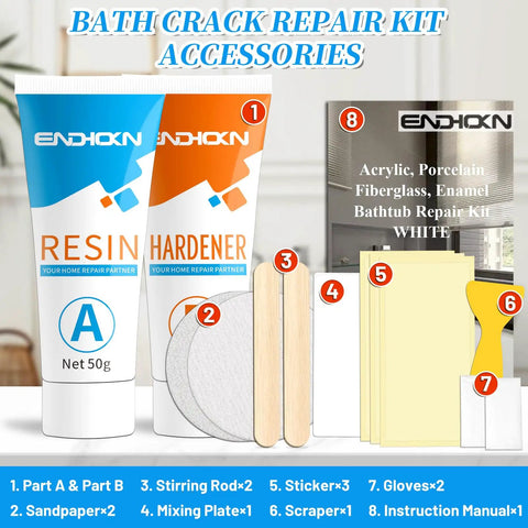 White All In One Bath Repair Kit For Enamel Porcelain Ceramic Tub Sink Shower Tray Tile And Toilet Cracks Chips Holes Scratches With 1 To 1 A And B Resin Mix And Pro Grade Tools For Quick Fix shown with tools and packaging.
