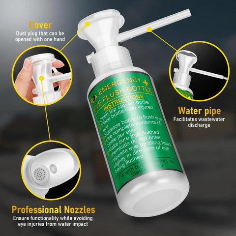 Close-up of Two Pack Portable Eye Wash Station 17 Ounce Each Wall Mount First Aid Eyewash Kit OSHA Approved BPA Free Bottle