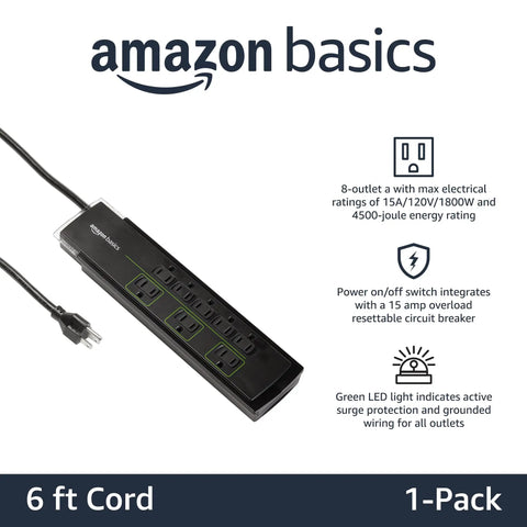8 Outlet Power Strip Surge Protector With 4500 Joules And 6 Foot Cord For Computers TVs And Home Theater Gear