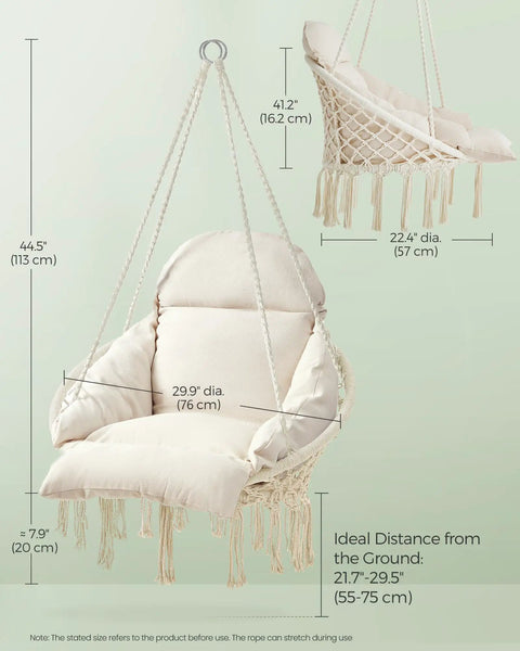 Hangin Hammock Chair With Large Cushy Cushion, Boho Swing Chair For Bedroom, Patio, Balcony Or Garden, Sturdy Metal Frame With Tight Rope, Supports Up To 264 Lb, Cream White, Accessories Included, dimensions and installation instructions.