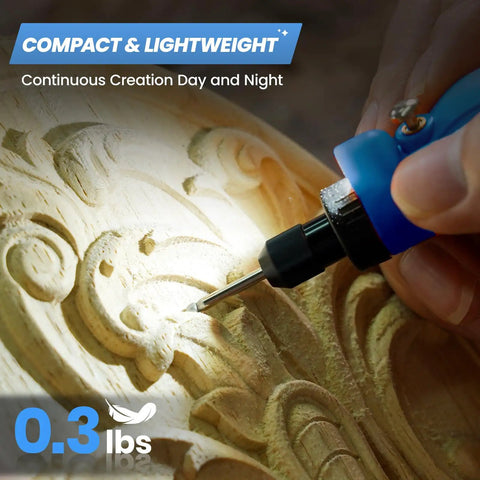 Mini Cordless Rotary Tool 5 Speed Rechargeable Heavy Lifter With 129 Rugged Accessories For Carving Grinding Sanding And Custom Projects Zero Fuss Lightweight Kit With Fast Type C Charge, close-up of tool carving wood.