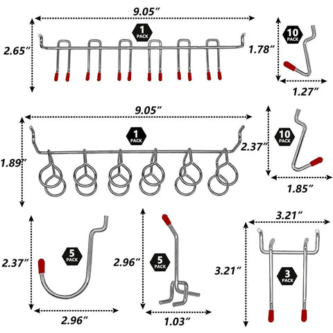114 Piece Pegboard Hook Set With Metal Hooks Bins And Locks For Garage Organization Fits Standard One Eighth And One Quarter Inch Pegboards With One Inch Spacing Perfect For Tool Storage And Workshop Makeover, showing various metal hooks with measurements.