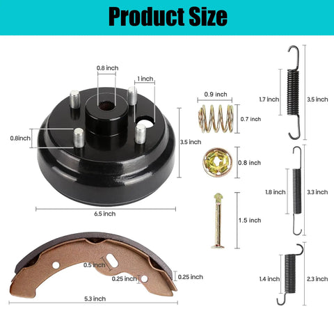 Rear Brake Hub Drum Repair Kit with Shoes and Springs for EZGO TXT PDS Electric Golf Carts 1997 Up, product dimensions labeled