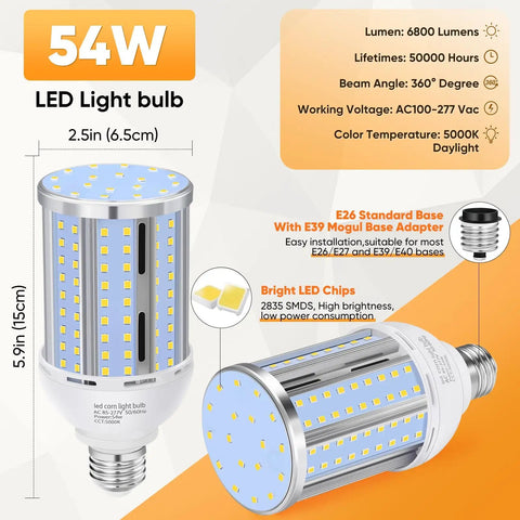 Six Pack 54W LED Corn Light Bulbs With E26 E27 Medium Base, 6800 Lumens, 5000K Daylight, product specifications overview