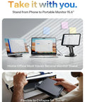 Adjustable iPad Stand and Tablet Holder shown in desk setup, folds flat for travel, compatible with iPad, Kindle, Switch.