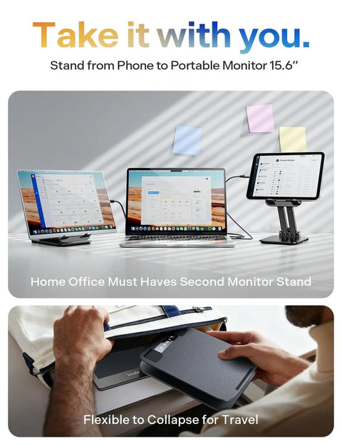 Adjustable iPad Stand and Tablet Holder shown in desk setup, folds flat for travel, compatible with iPad, Kindle, Switch.