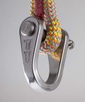 V3 Quickie Steel Shackle For Basal Canopy Anchors Or Redirects With Quadruple Action Rotating Slic Pin attached to colorful rope
