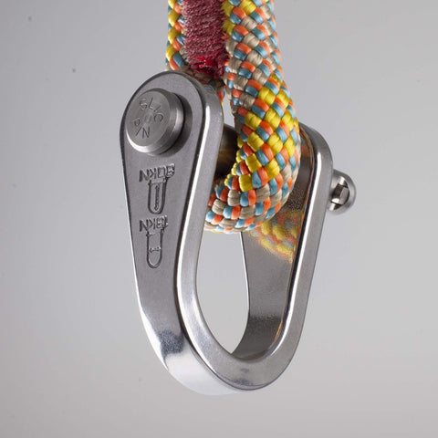 V3 Quickie Steel Shackle For Basal Canopy Anchors Or Redirects With Quadruple Action Rotating Slic Pin attached to colorful rope