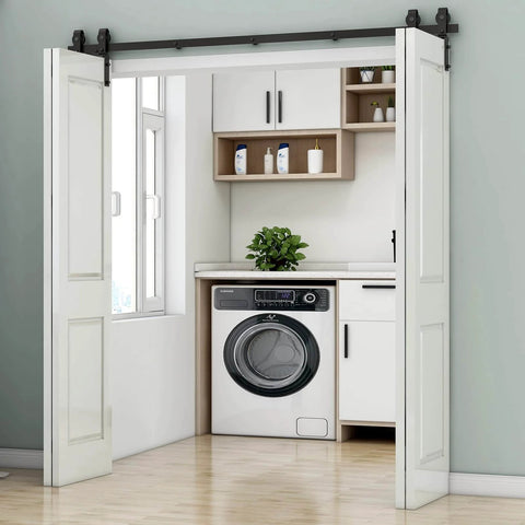Beefed Up Heavy Duty Bi Folding Barn Door Sliding Track Kit For Four Doors 6 Foot 72 Inch Rails Frosted Black Finish shown in laundry room
