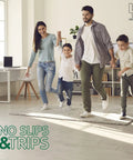 Family walking on area rug with Non Slip Rug Pad Grippers Corner 4 Pack, Double Sided Self Adhesive, Washable and Reusable, No Skid