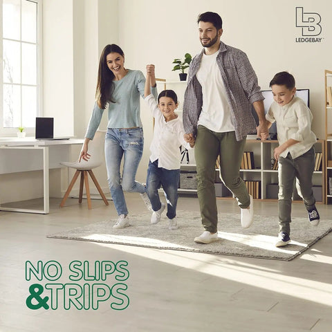 Family walking on area rug with Non Slip Rug Pad Grippers Corner 4 Pack, Double Sided Self Adhesive, Washable and Reusable, No Skid