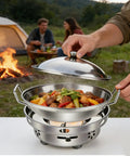 Go-To Portable Alcohol Stove Set For Camping And Backpacking with stew in stainless pot, campfire and tent in background.
