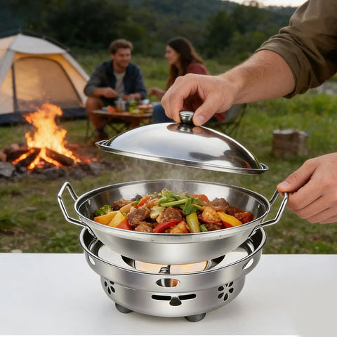 Go-To Portable Alcohol Stove Set For Camping And Backpacking with stew in stainless pot, campfire and tent in background.