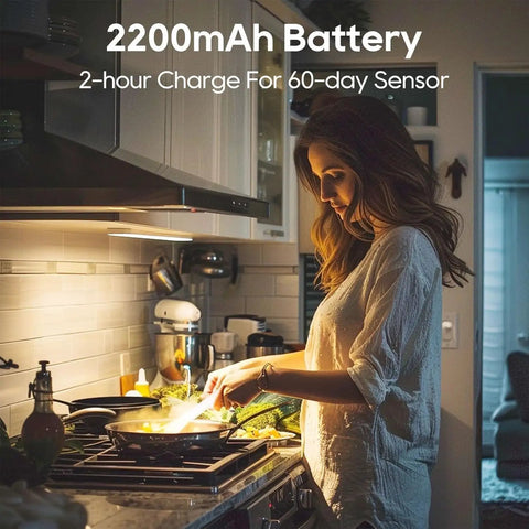 Woman cooking under Wireless Under Cabinet Lighting Kit With Motion Sensor And Three Color Temperatures